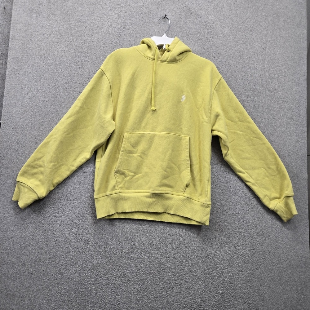 Stussy Men Hoodie S Yellow Logo Embroidered Streetwear Fleece Pullover READ